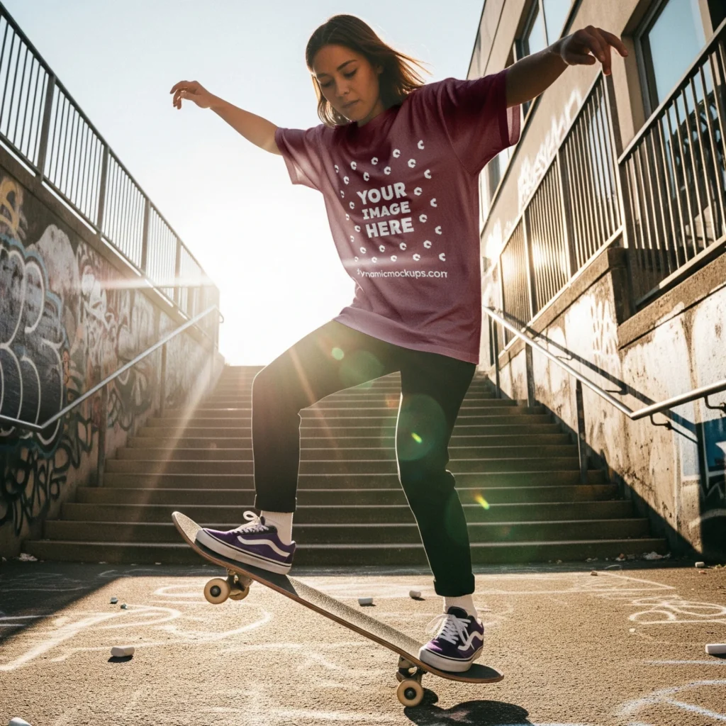 Girl Wearing Maroon T-shirt Mockup Front View Template