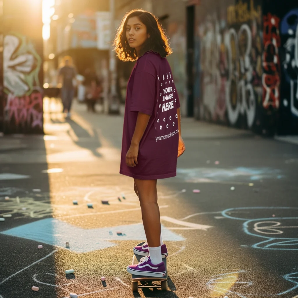 Girl Wearing Maroon T-shirt Mockup Back View Template