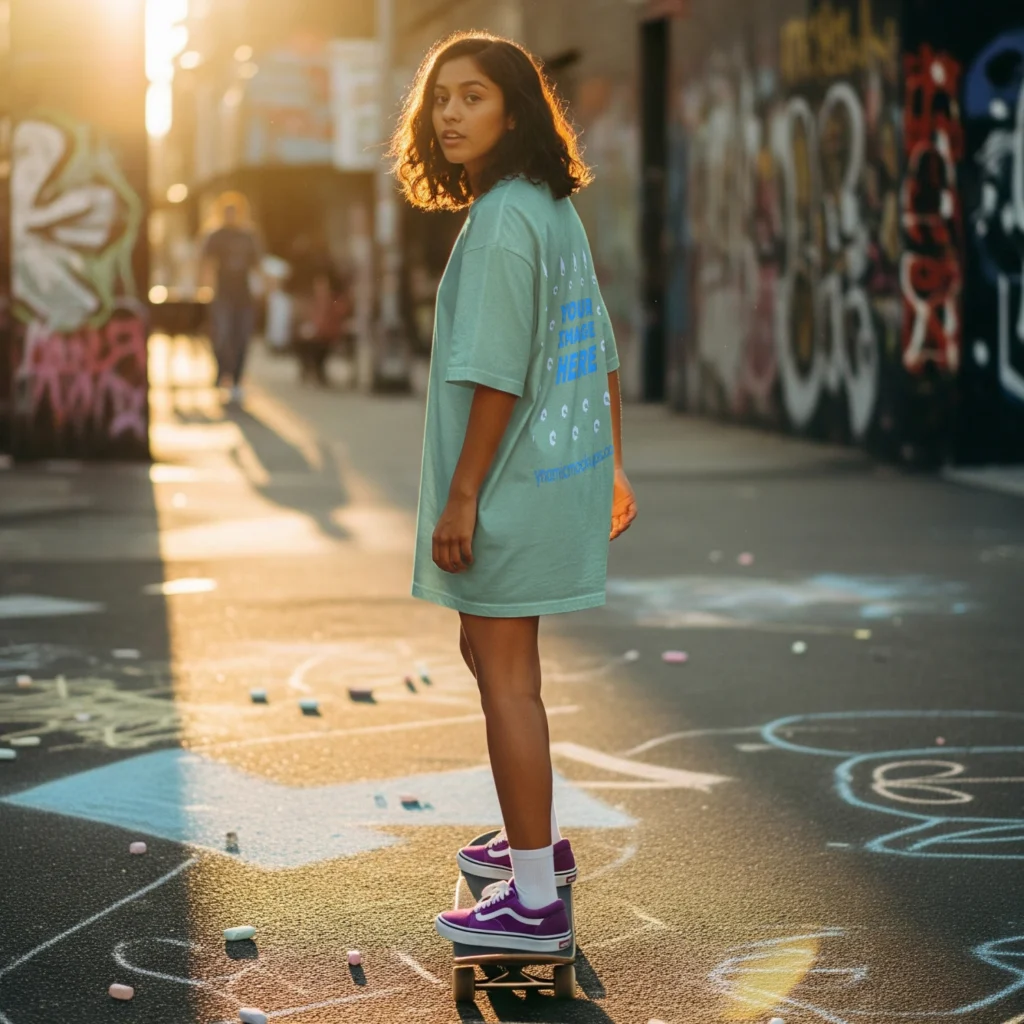 Girl Wearing Mint T-shirt Mockup Back View Template