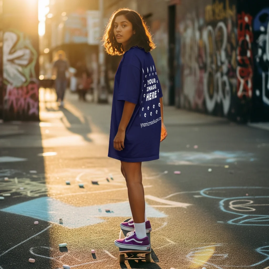 Girl Wearing Navy Blue T-shirt Mockup Back View Template