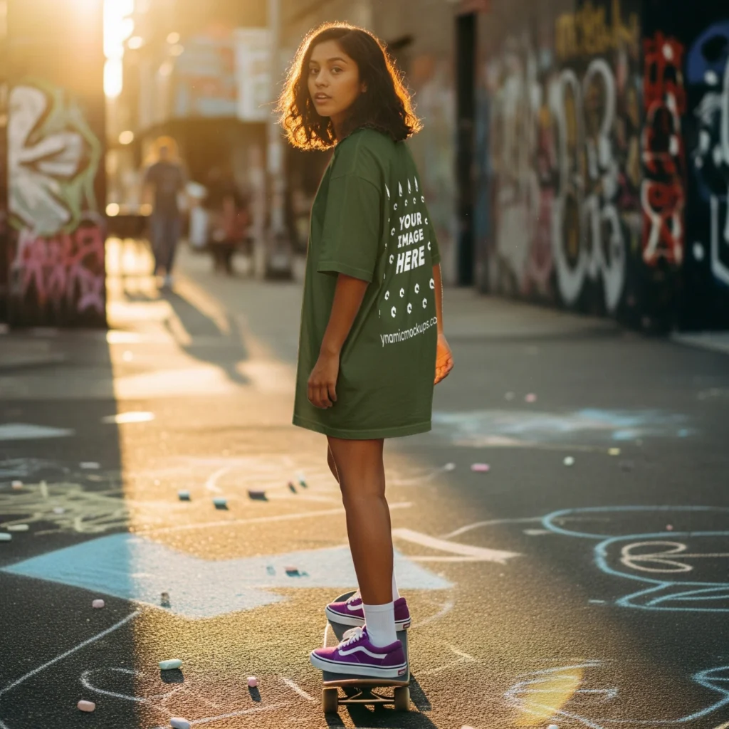 Girl Wearing Olive Green T-shirt Mockup Back View Template