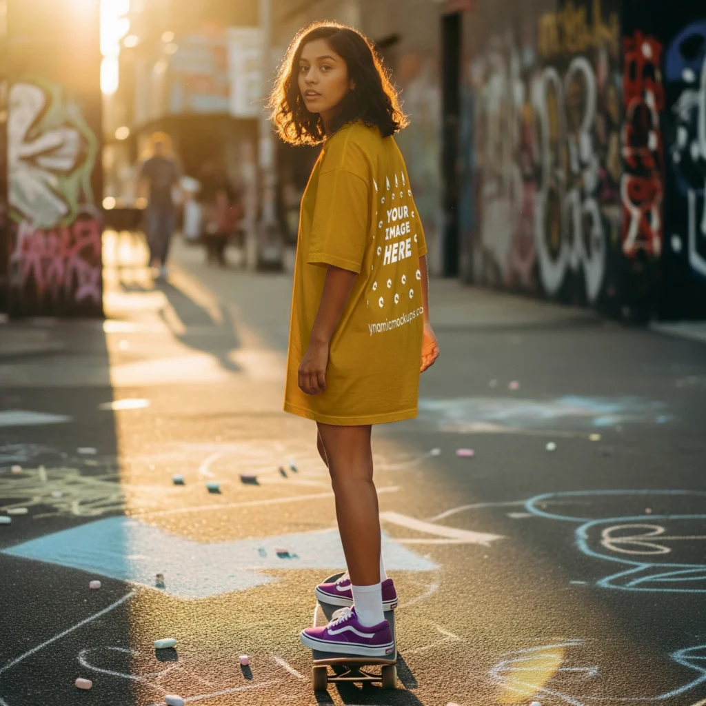 Girl Wearing Orange T-shirt Mockup Back View Template