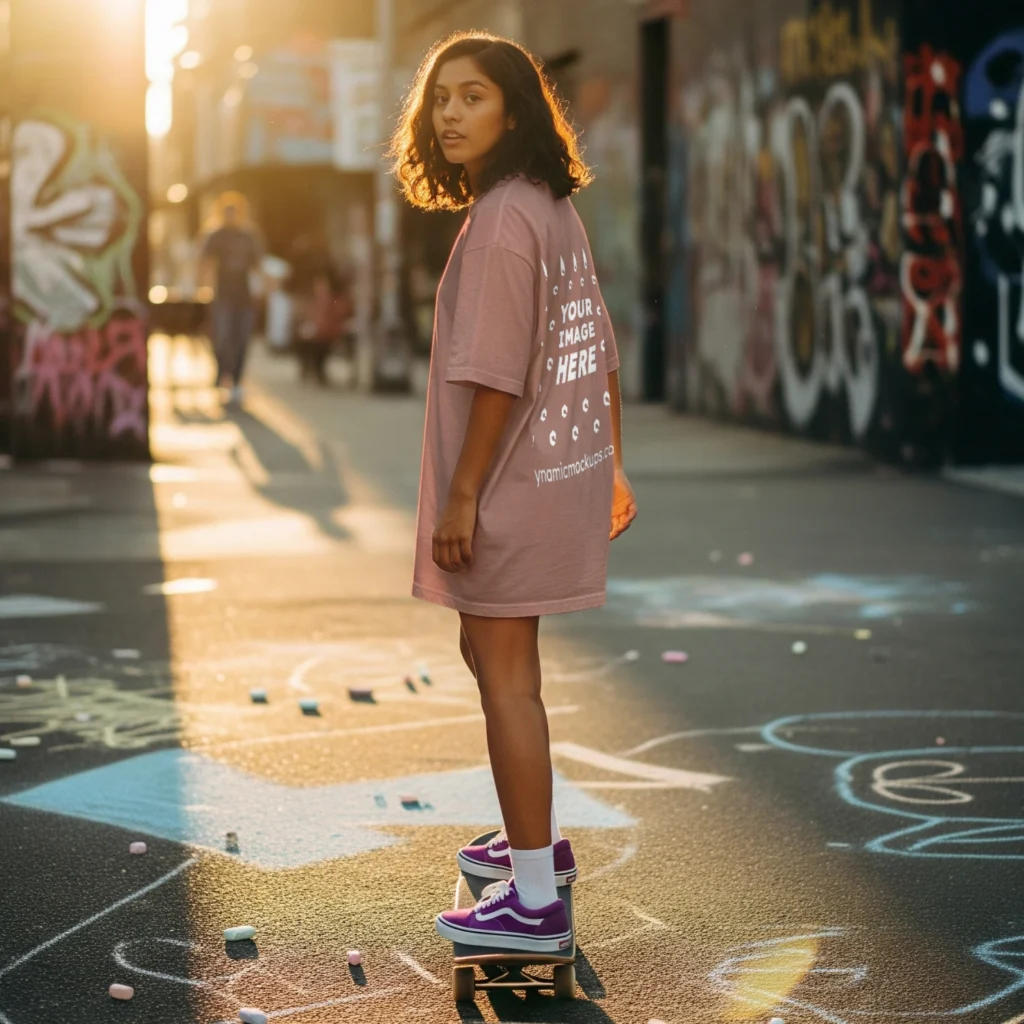 Girl Wearing Peach T-shirt Mockup Back View Template