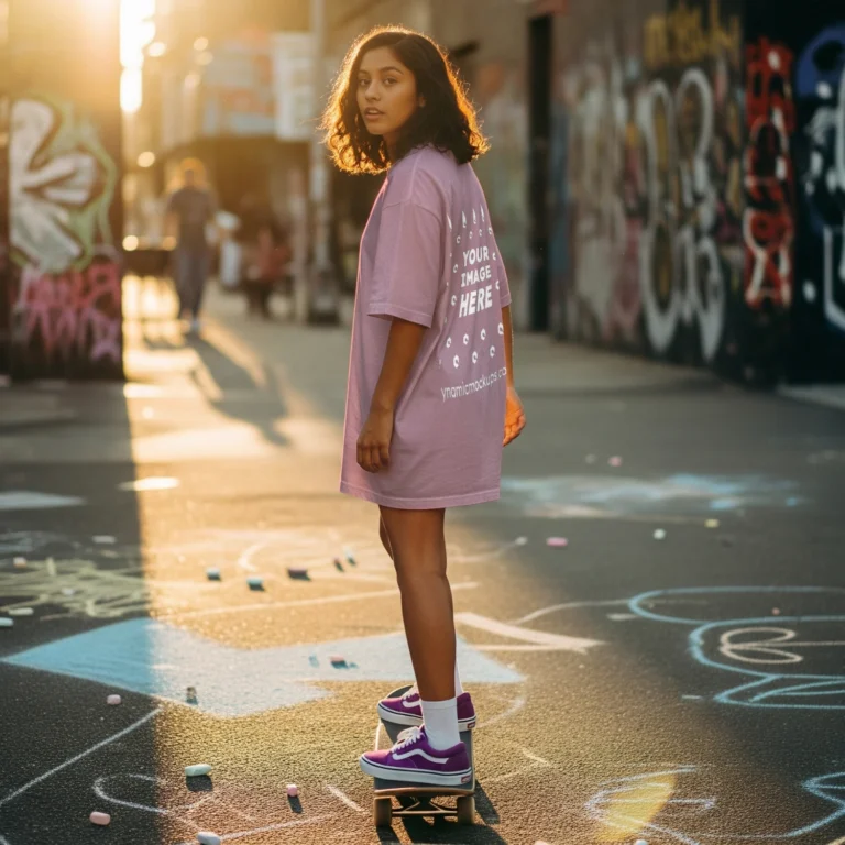 Girl Wearing Pink T-shirt Mockup Back View Template