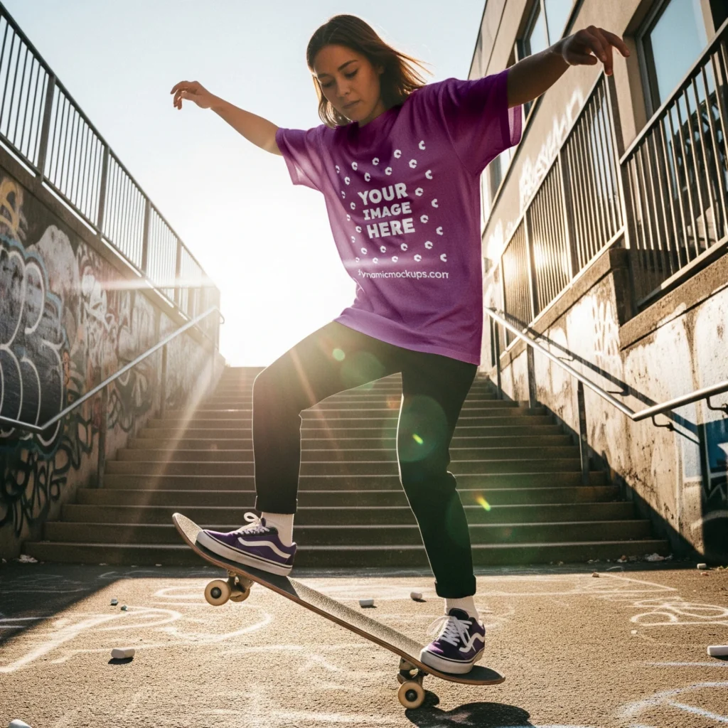 Girl Wearing Purple T-shirt Mockup Front View Template