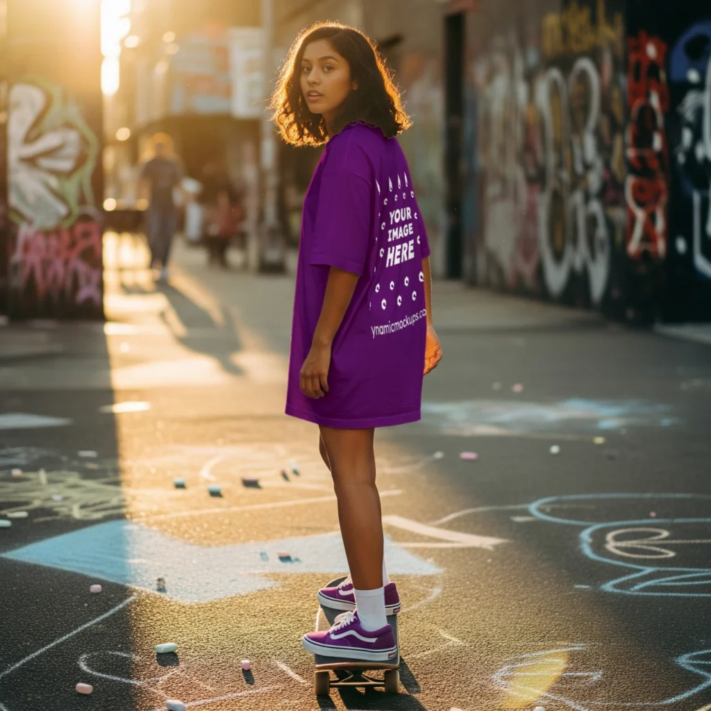 Girl Wearing Purple T-shirt Mockup Back View Template