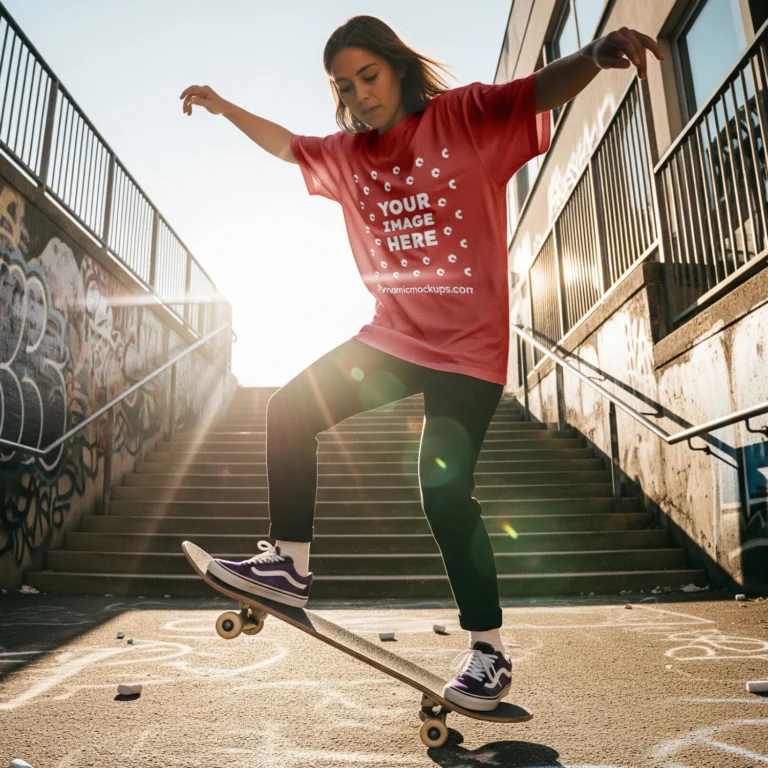 Girl Wearing Red T-shirt Mockup Front View Template