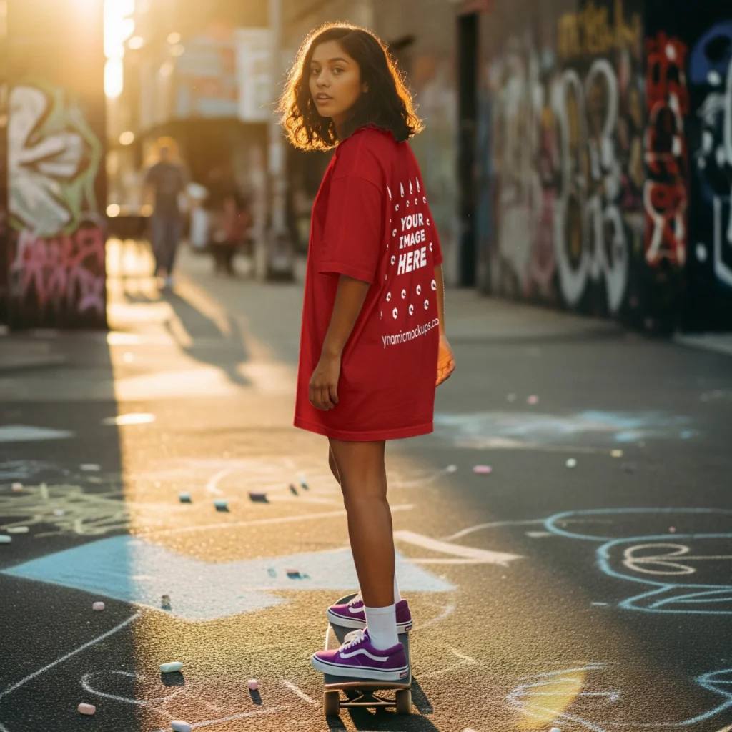 Girl Wearing Red T-shirt Mockup Back View Template