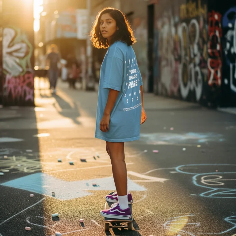 Girl Wearing Sky Blue T-shirt Mockup Back View Template