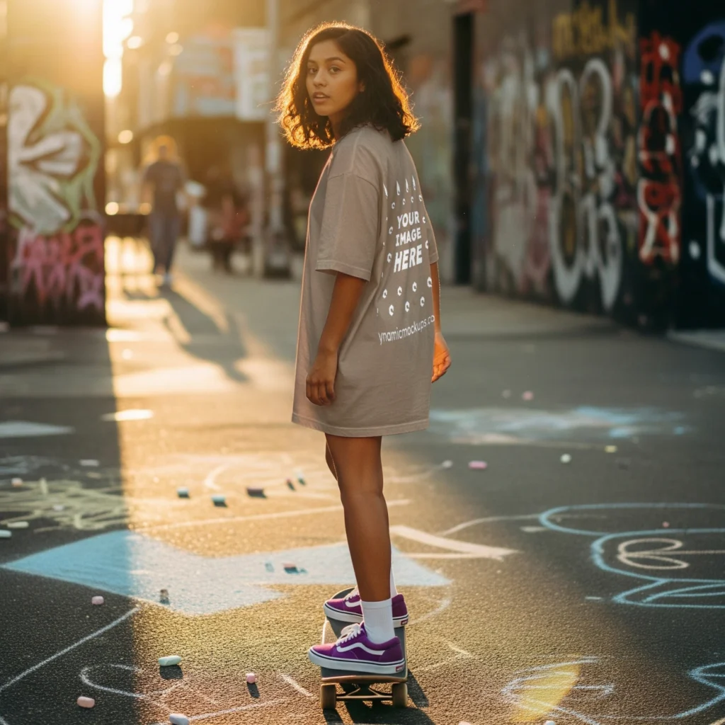 Girl Wearing Tan T-shirt Mockup Back View Template