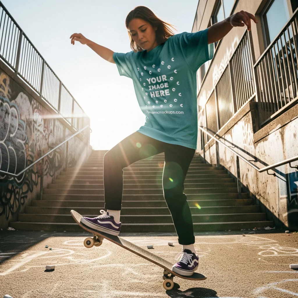Girl Wearing Teal T-shirt Mockup Front View Template