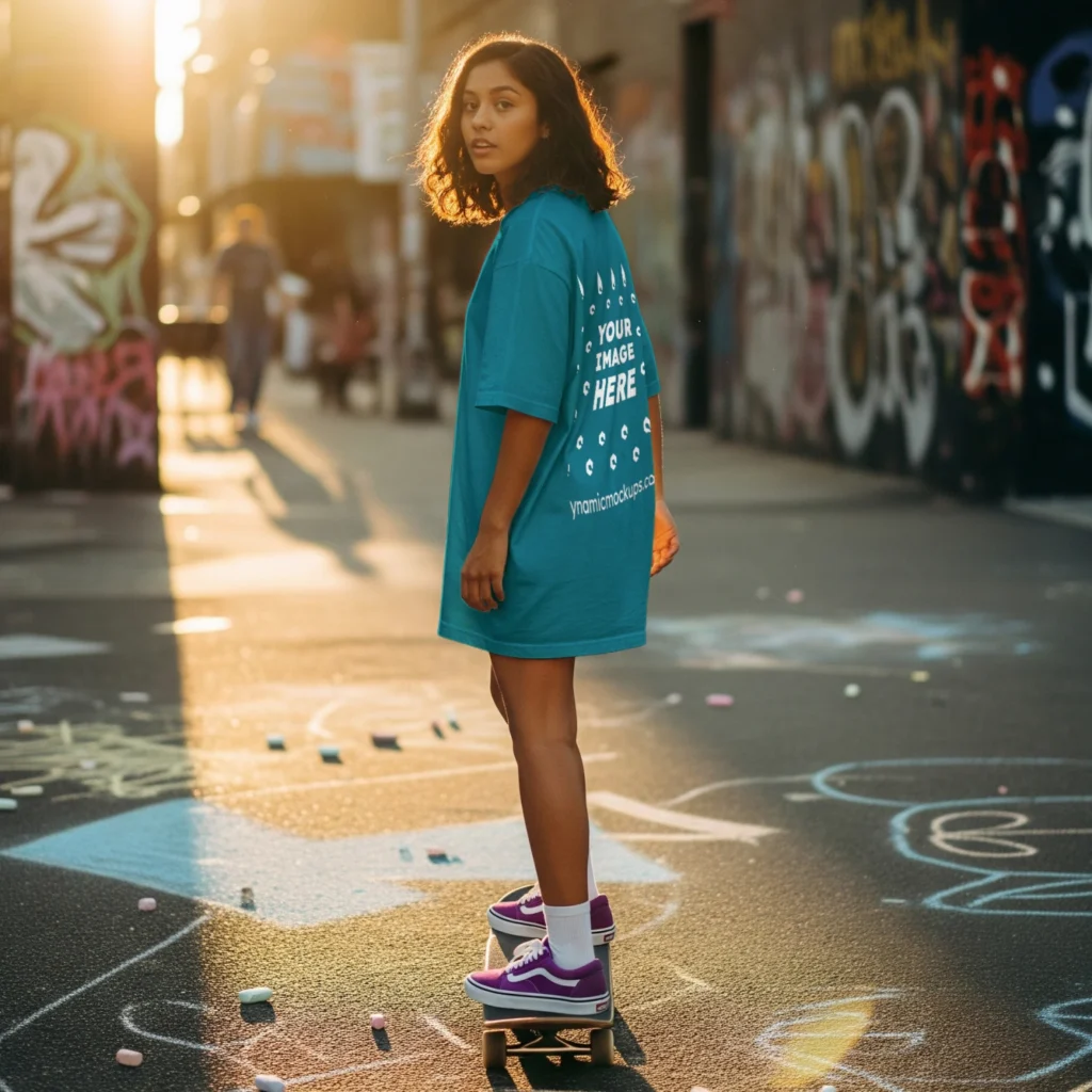 Girl Wearing Teal T-shirt Mockup Back View Template