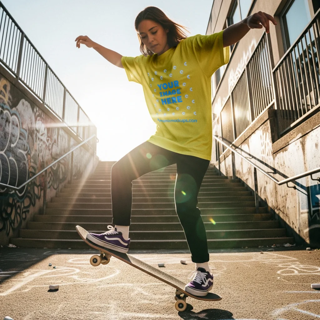 Girl Wearing Yellow T-shirt Mockup Front View Template