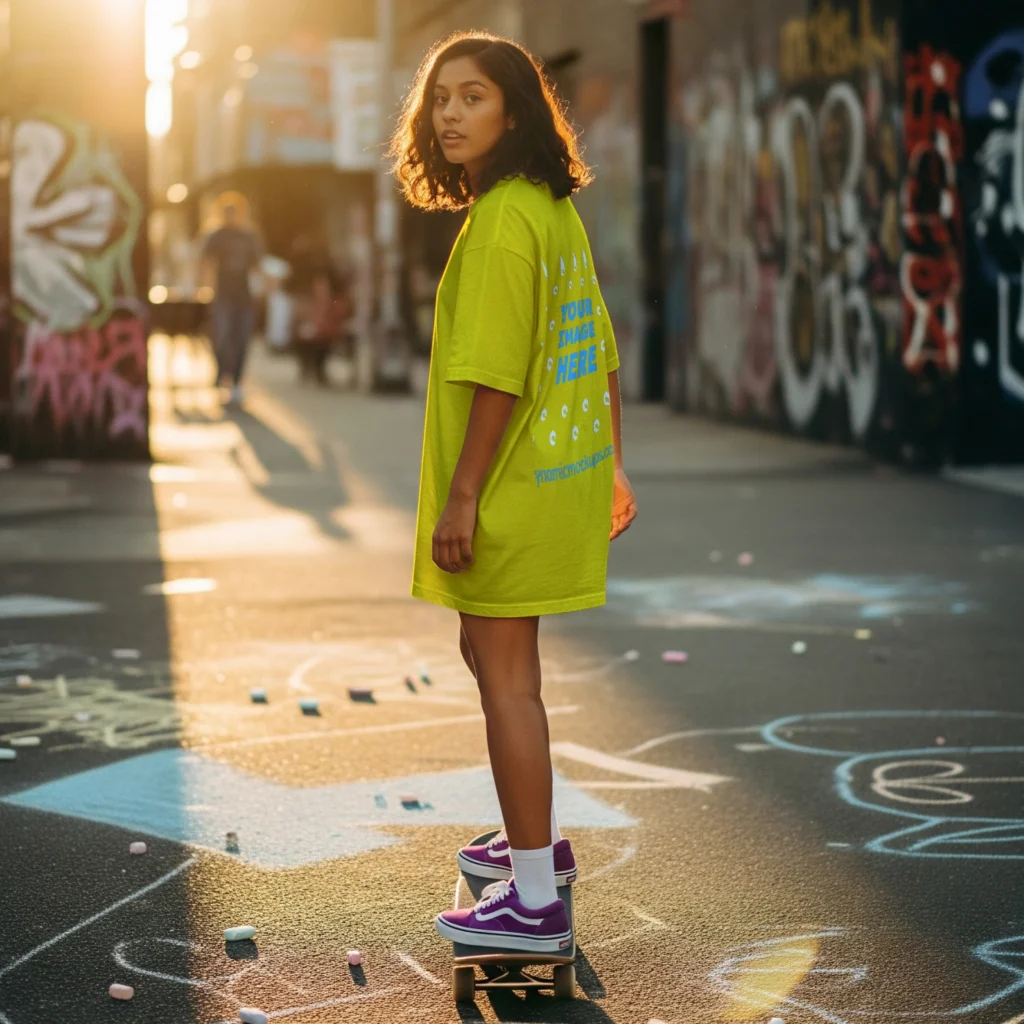 Girl Wearing Yellow T-shirt Mockup Back View Template