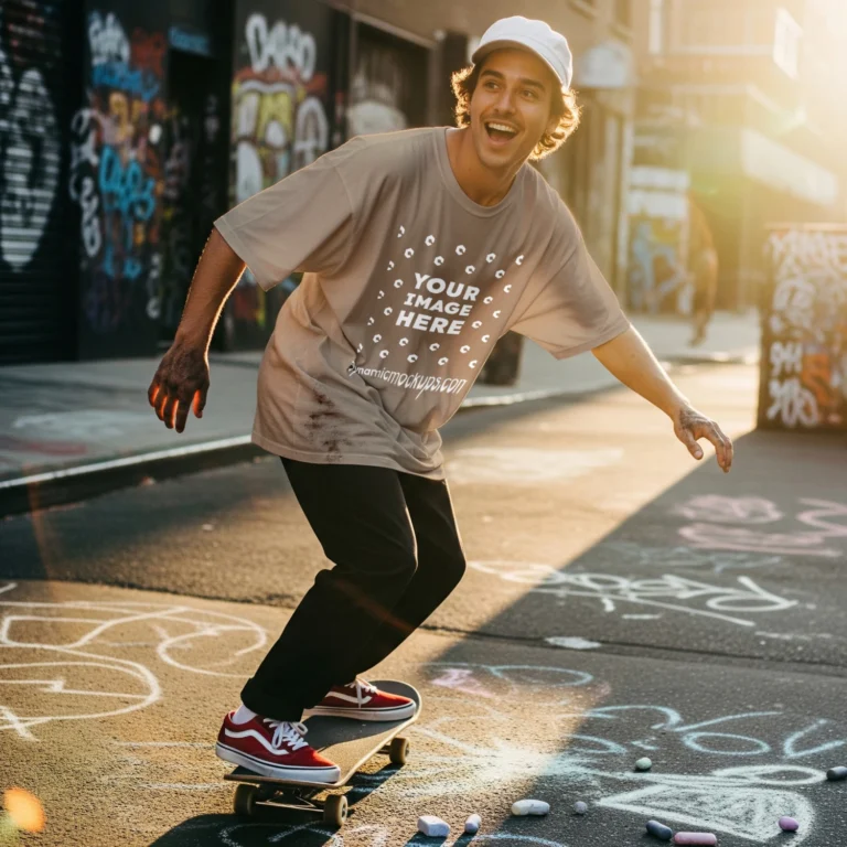 Man Wearing Beige T-shirt Mockup Front View Template