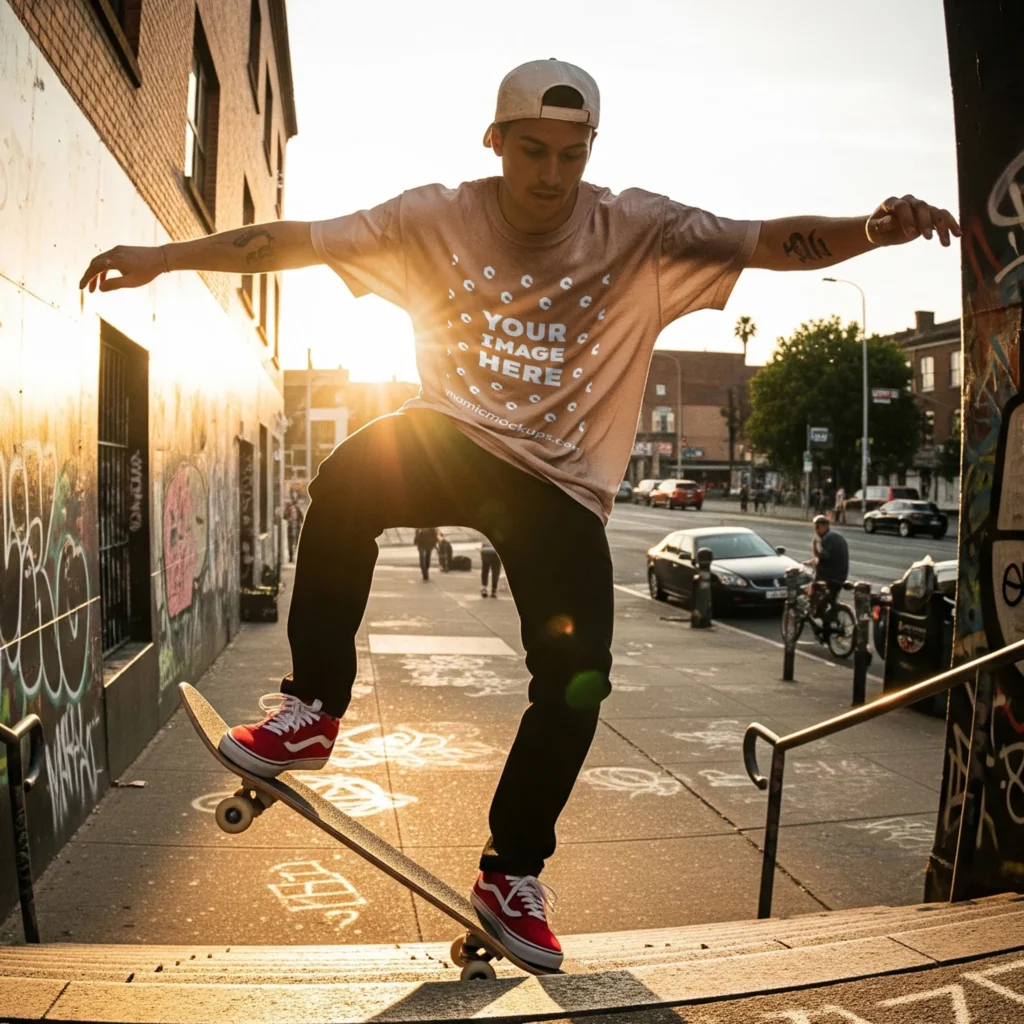 Man Wearing Beige T-shirt Mockup Front View Template