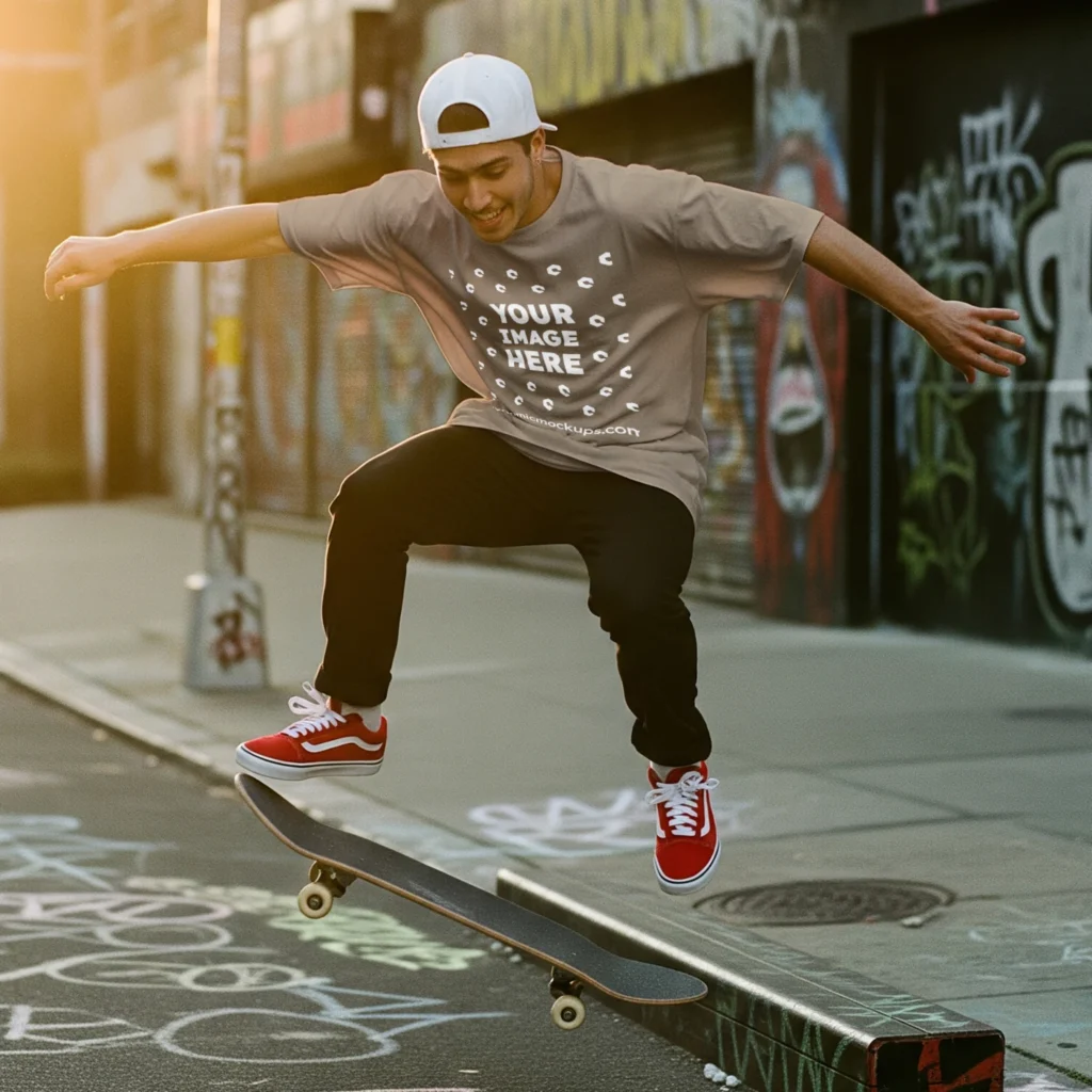 Man Wearing Beige T-shirt Mockup Front View Template