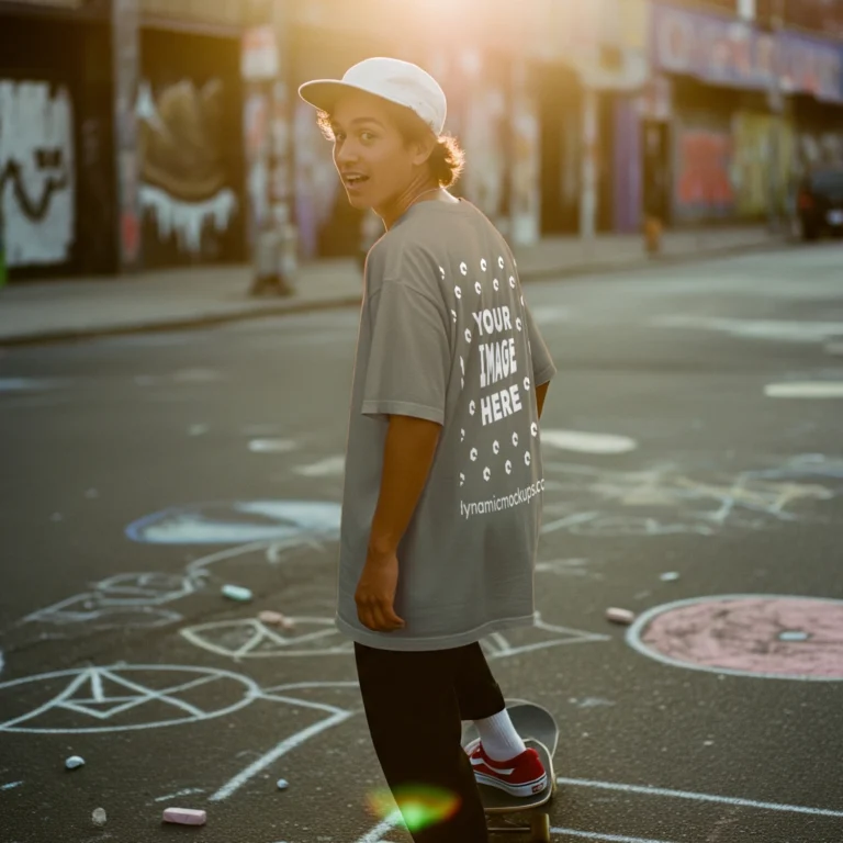 Man Wearing Beige T-shirt Mockup Back View Template