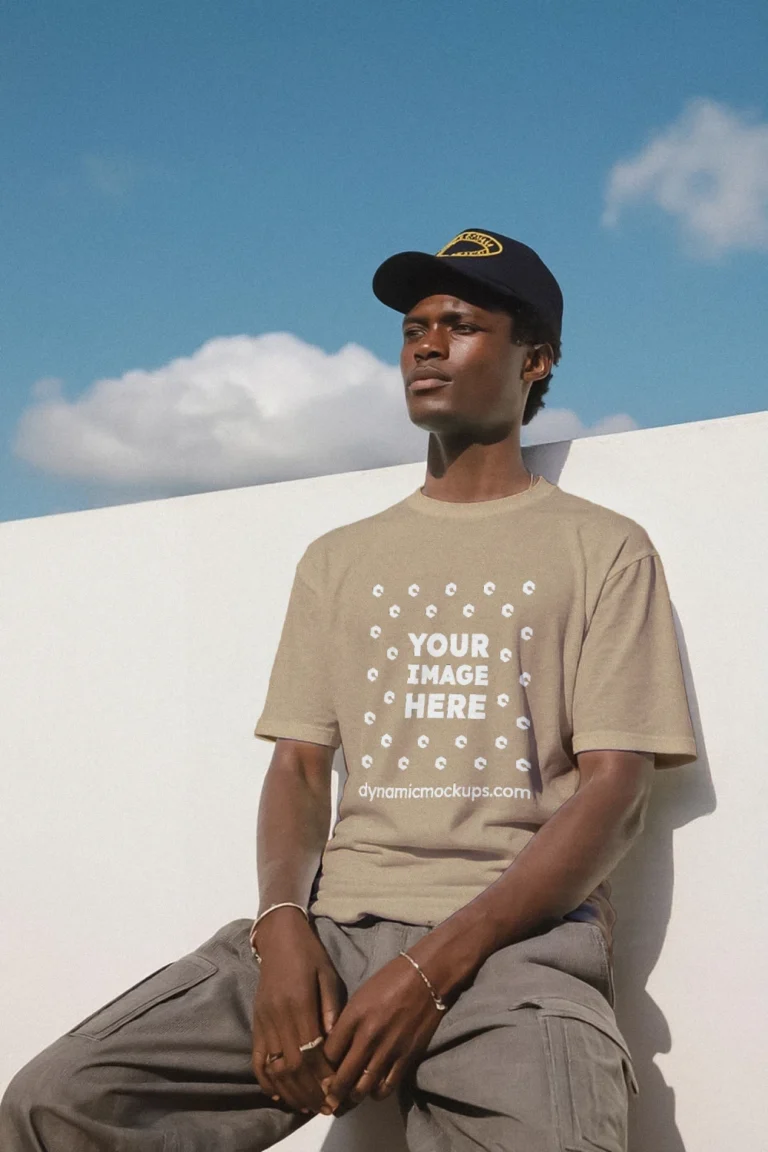 Man Wearing Beige T-shirt Mockup Front View Template