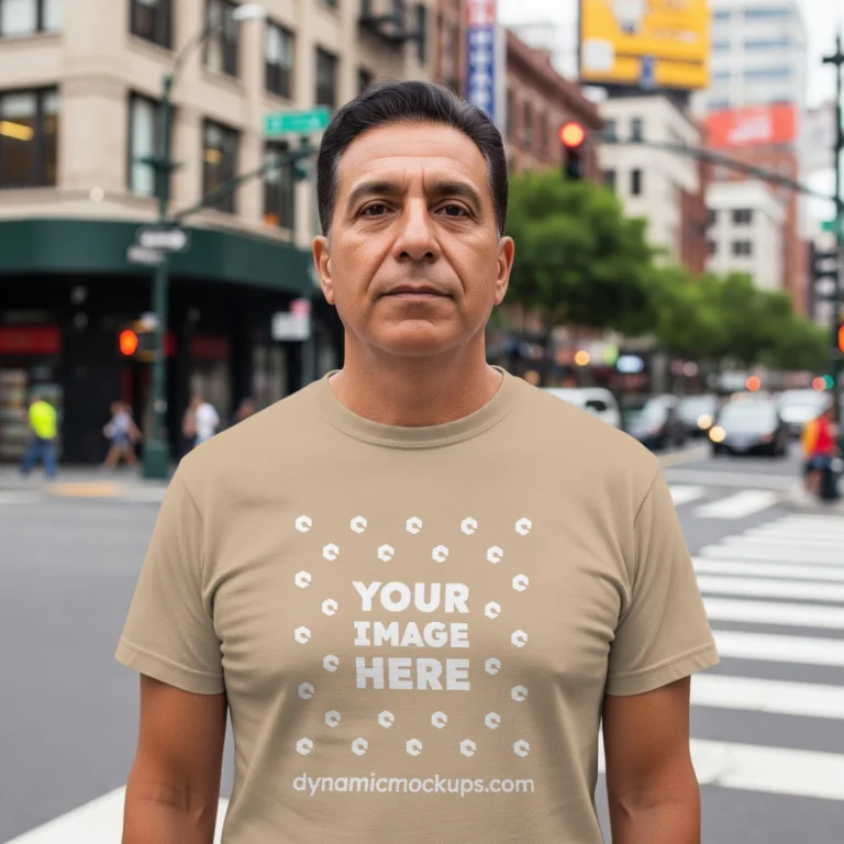 Man Wearing Beige T-shirt Mockup Front View Template