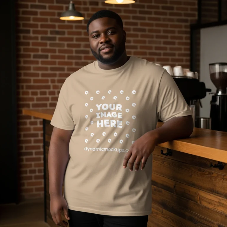 Man Wearing Beige T-shirt Mockup Front View Template