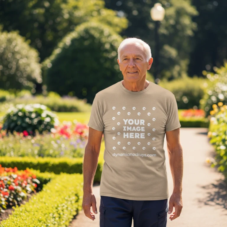 Man Wearing Beige T-shirt Mockup Front View Template