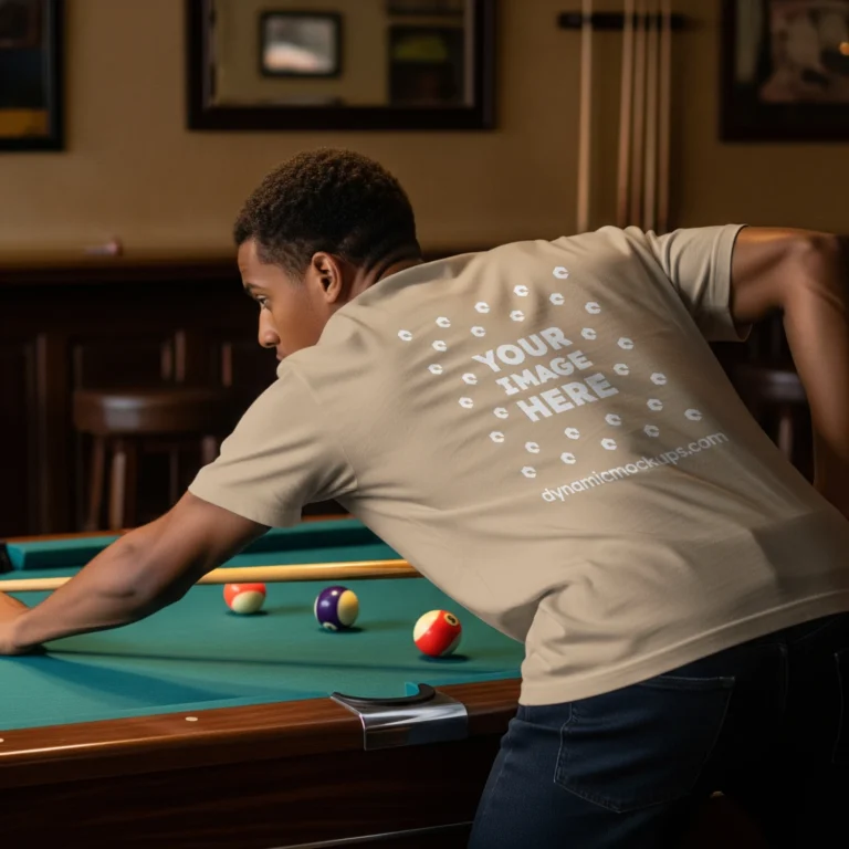 Man Wearing Beige T-shirt Mockup Back View Template