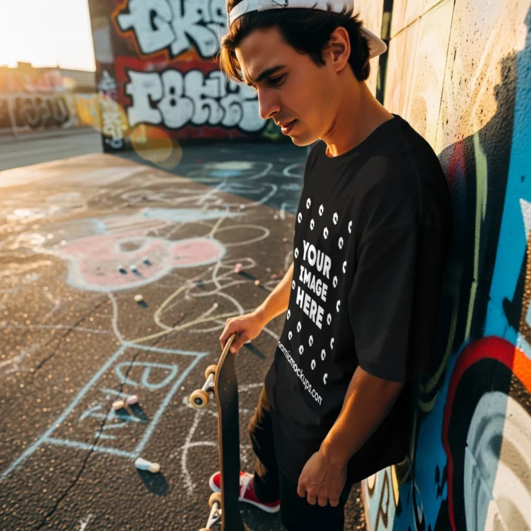 Man Wearing Black T-shirt Mockup Front View Template