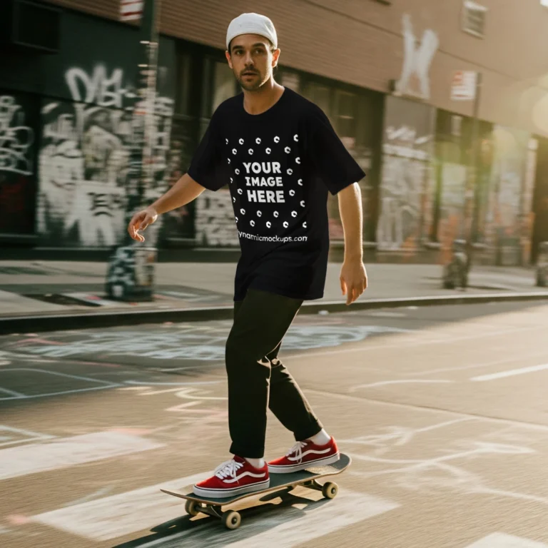 Man Wearing Black T-shirt Mockup Front View Template