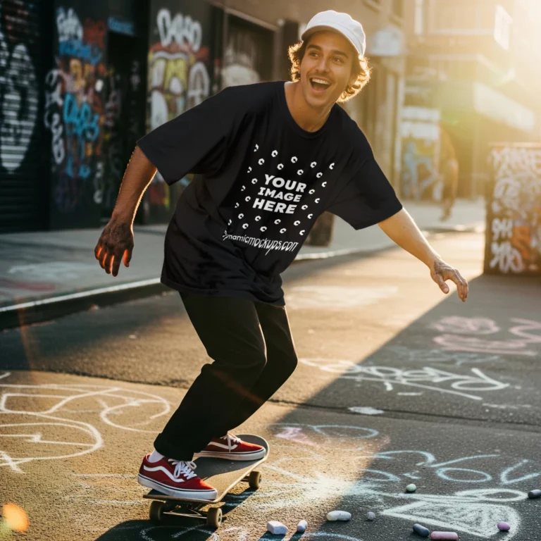 Man Wearing Black T-shirt Mockup Front View Template