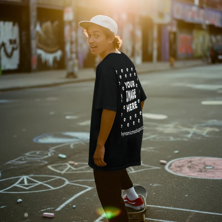 Man Wearing Black T-shirt Mockup Back View Template