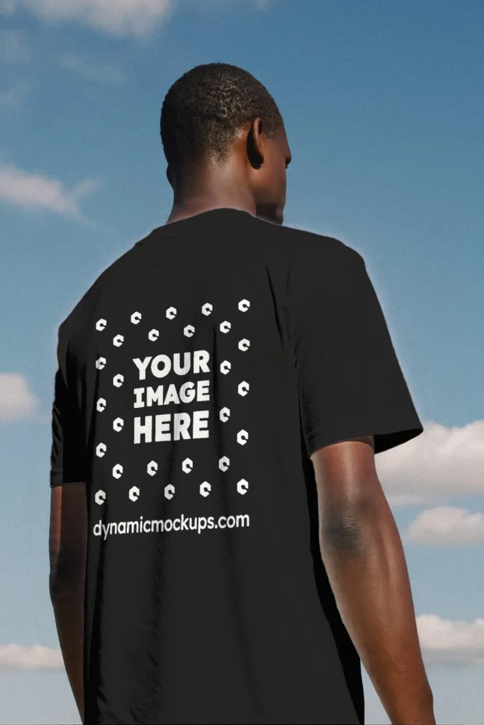 Man Wearing Black T-shirt Mockup Back View Template