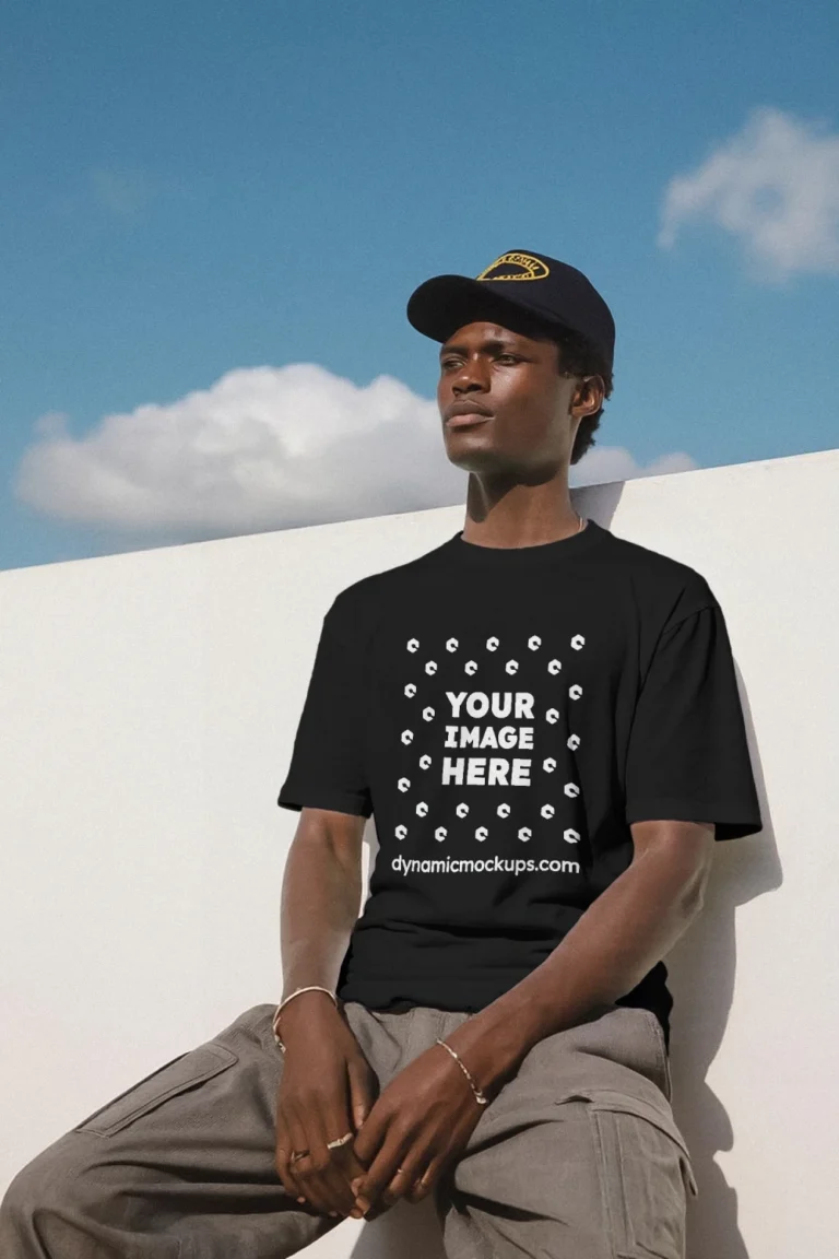 Man Wearing Black T-shirt Mockup Front View Template