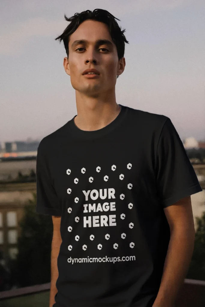 Man Wearing Black T-shirt Mockup Front View Template