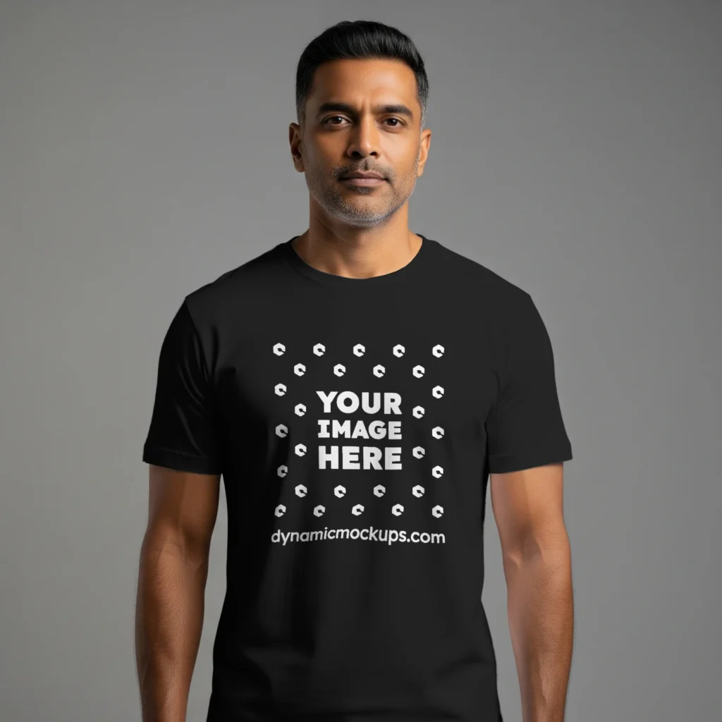 Man Wearing Black T-shirt Mockup Front View Template