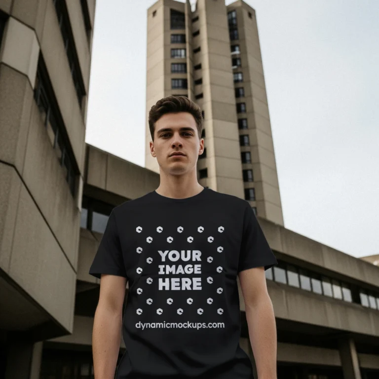 Man Wearing Black T-shirt Mockup Front View Template