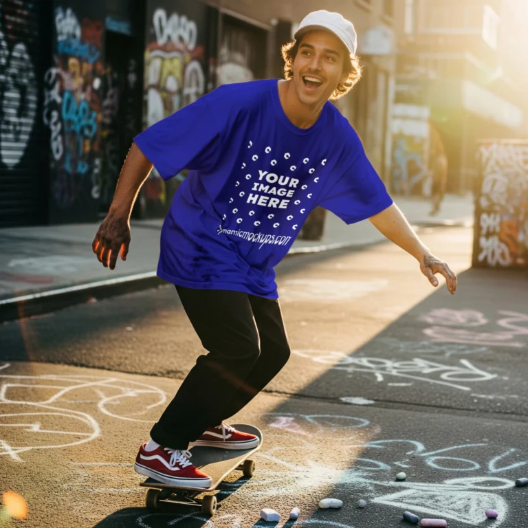 Man Wearing Blue T-shirt Mockup Front View Template