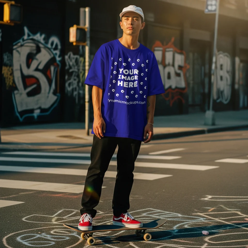 Man Wearing Blue T-shirt Mockup Front View Template