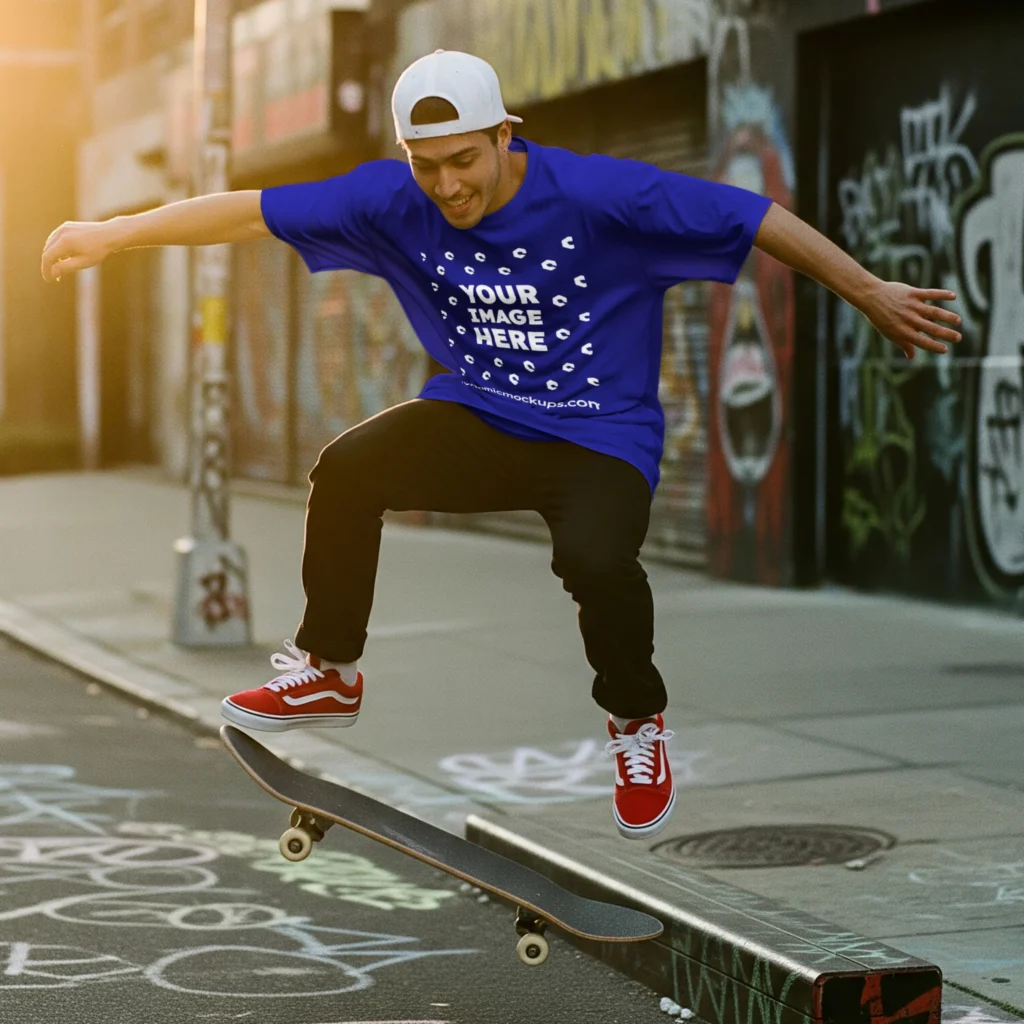 Man Wearing Blue T-shirt Mockup Front View Template