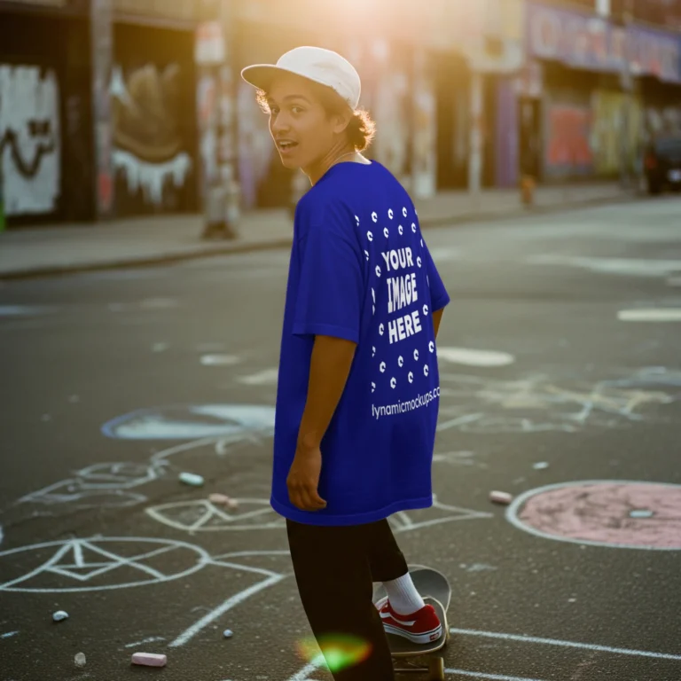 Man Wearing Blue T-shirt Mockup Back View Template