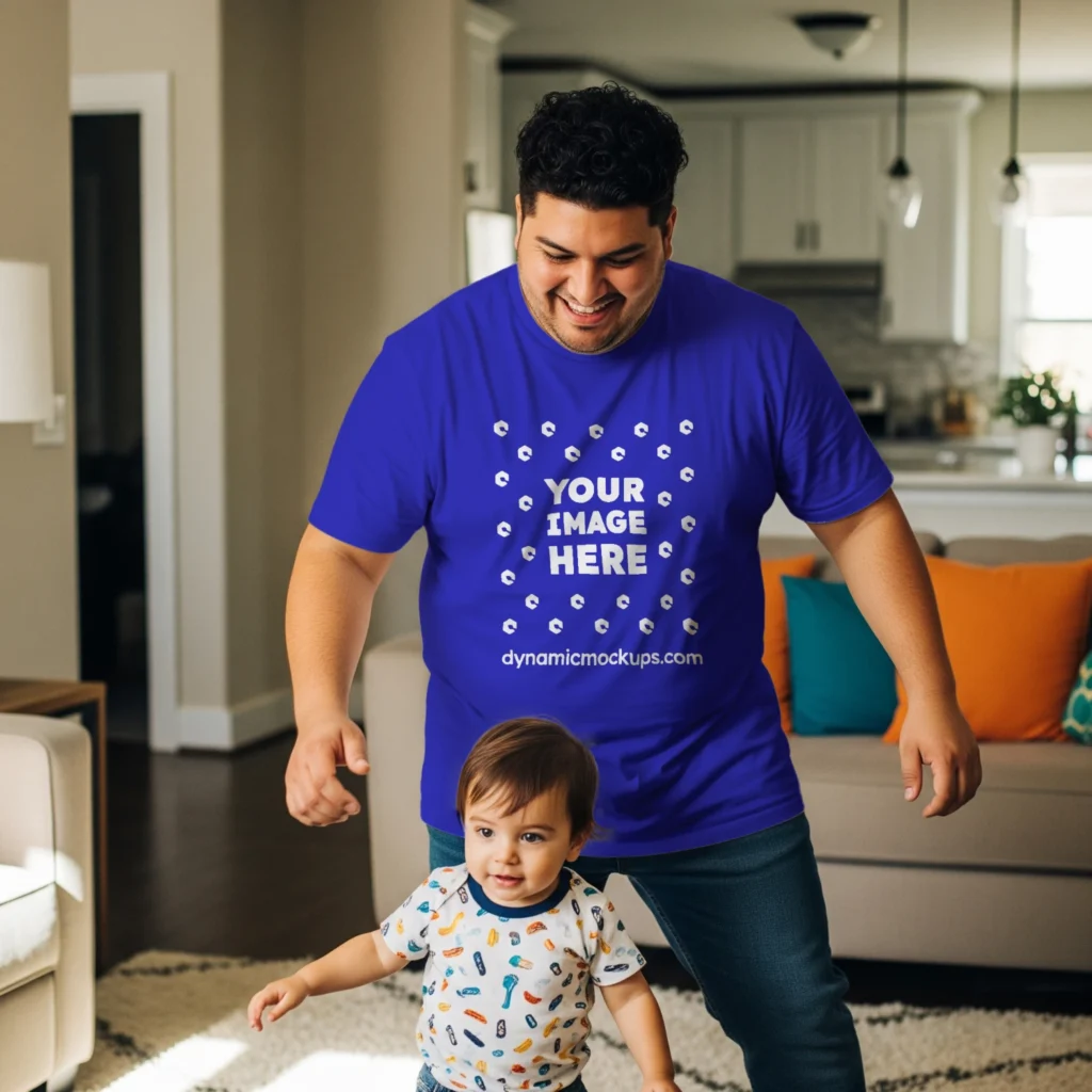 Man Wearing Blue T-shirt Mockup Front View Template