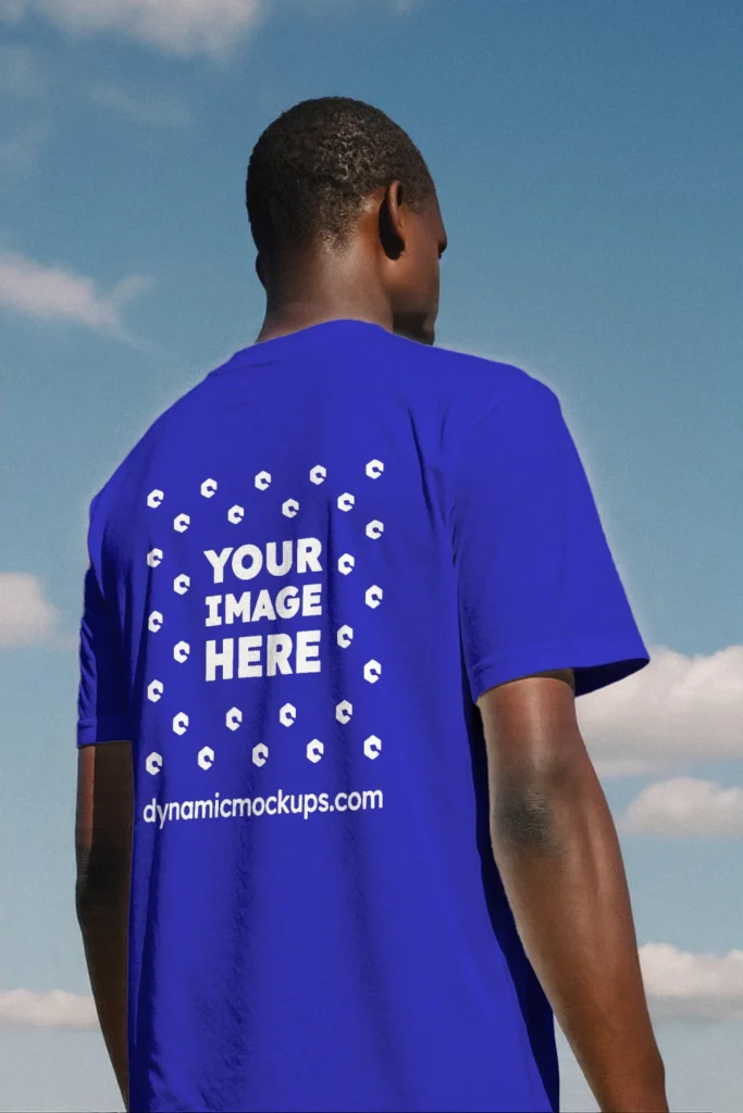 Man Wearing Blue T-shirt Mockup Back View Template