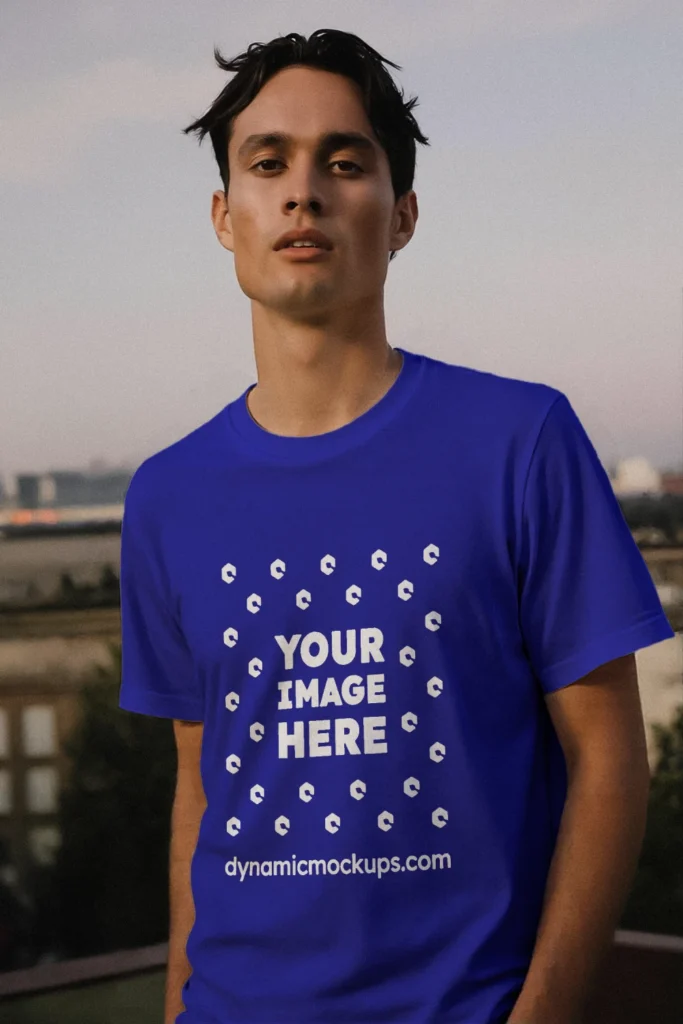 Man Wearing Blue T-shirt Mockup Front View Template