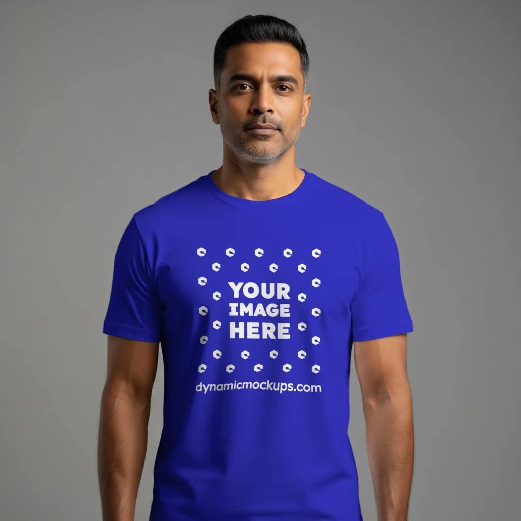 Man Wearing Blue T-shirt Mockup Front View Template