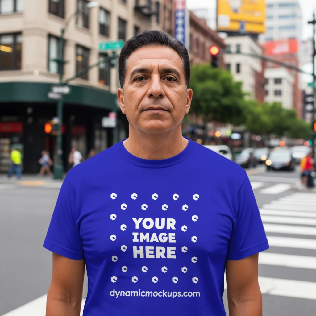 Man Wearing Blue T-shirt Mockup Front View Template