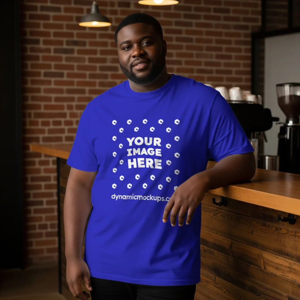 Man Wearing Blue T-shirt Mockup Front View Template