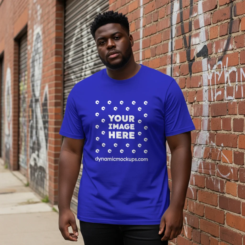 Man Wearing Blue T-shirt Mockup Front View Template