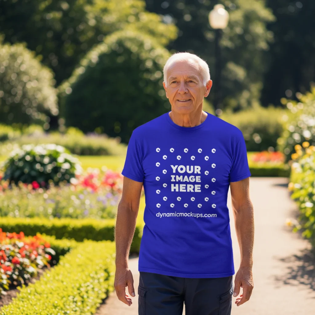 Man Wearing Blue T-shirt Mockup Front View Template