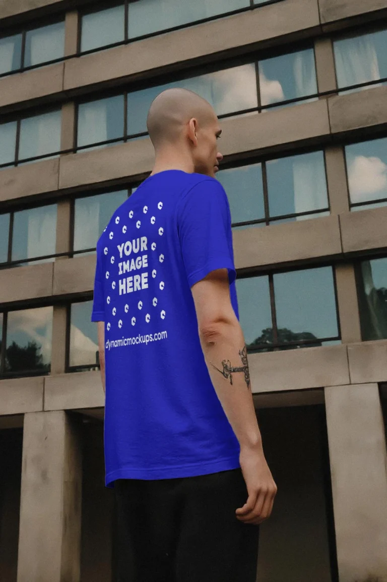 Man Wearing Blue T-shirt Mockup Side View Template