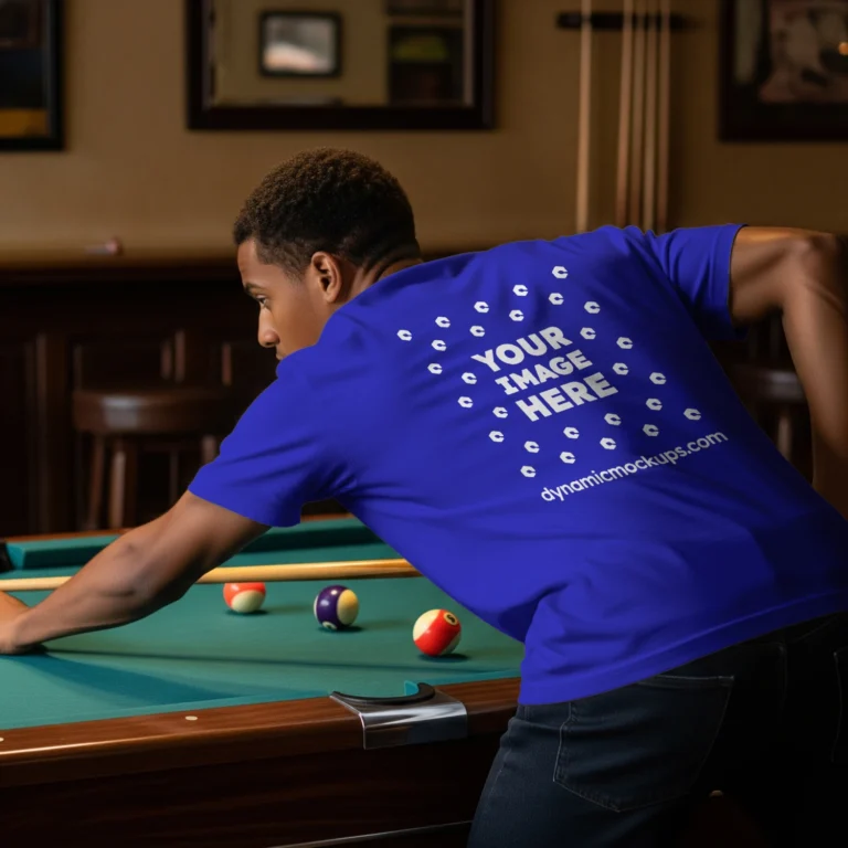 Man Wearing Blue T-shirt Mockup Back View Template
